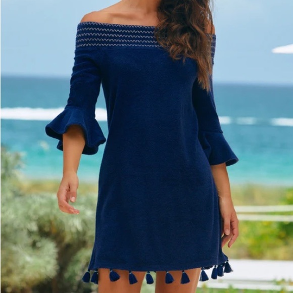 Cabana Life Navy Terry Off the Shoulder Dress Mini Tassel Medium - Picture 2 of 8